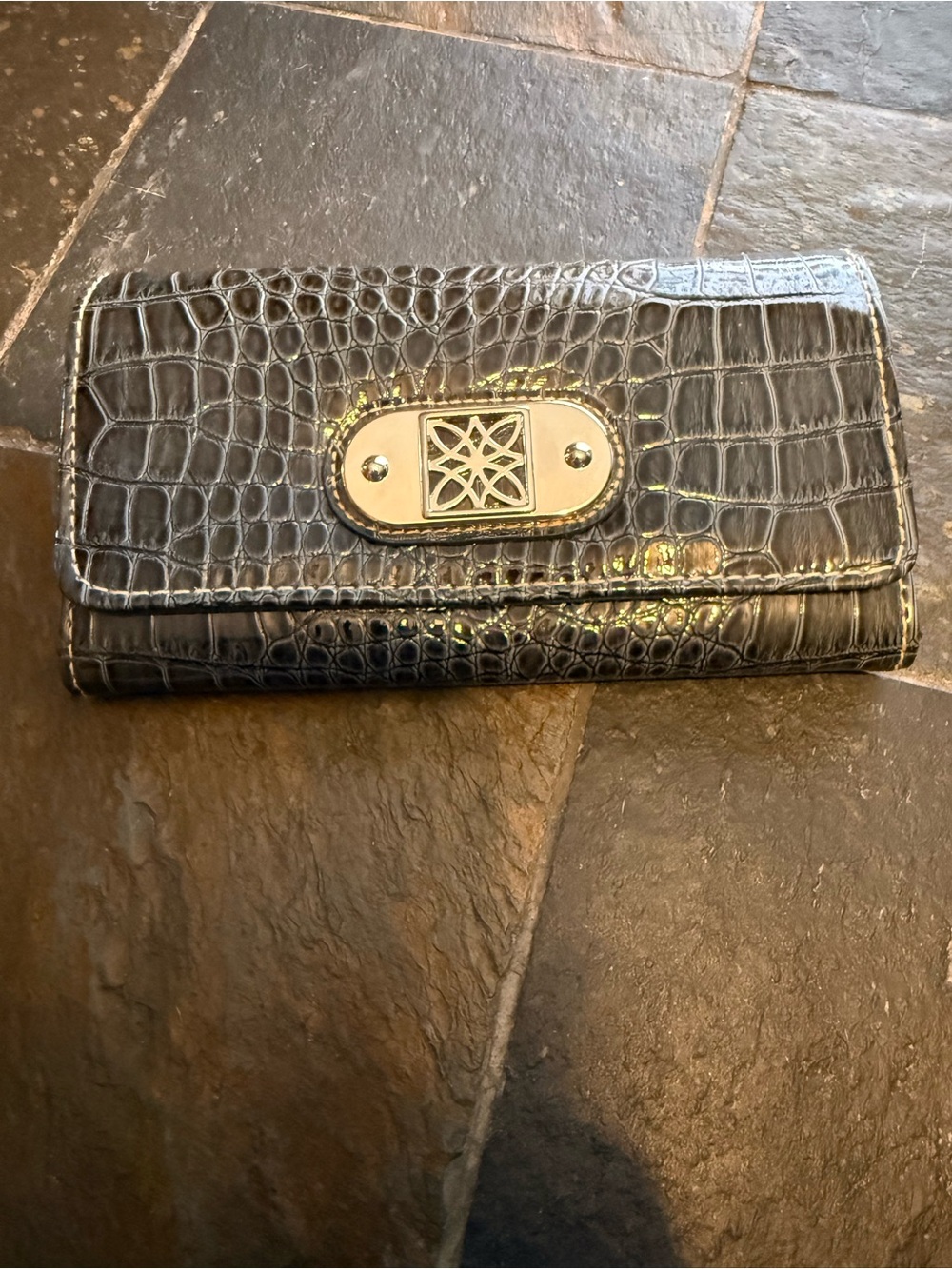 Croc-Embossed Black Wallet with Decorative Metal Plaque